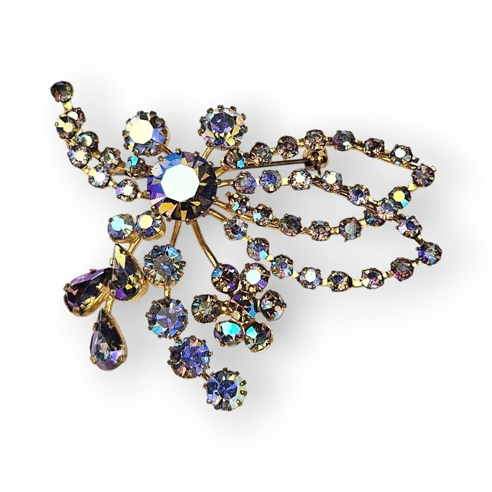 Vintage Austria Floral Spray Brooch Aurora Borealis AB Rhinestone Gold Plated